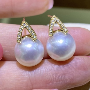 M family with 18K gold big white bead earrings pendant set 10-11mm Edison pearl earring necklace
