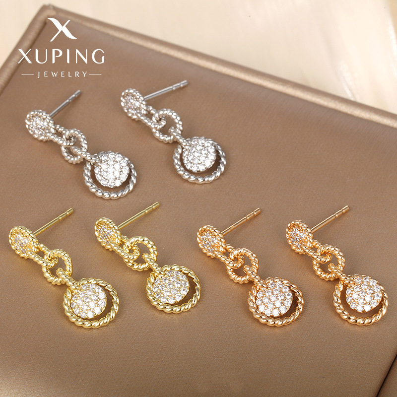 Joyas de xuping geométricamente redondas con microcuentas de zircon incrustadas en pendientes de alta sensación, pendientes de nicho medianos y largos, Orejeras femeninas