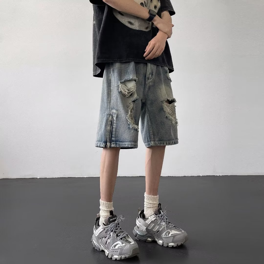 Five-point Denim Shorts Men's Korean-style Ripped Loose Slim-fit Summer Thin Cropped Casual Pants Retro plus size Trendy
