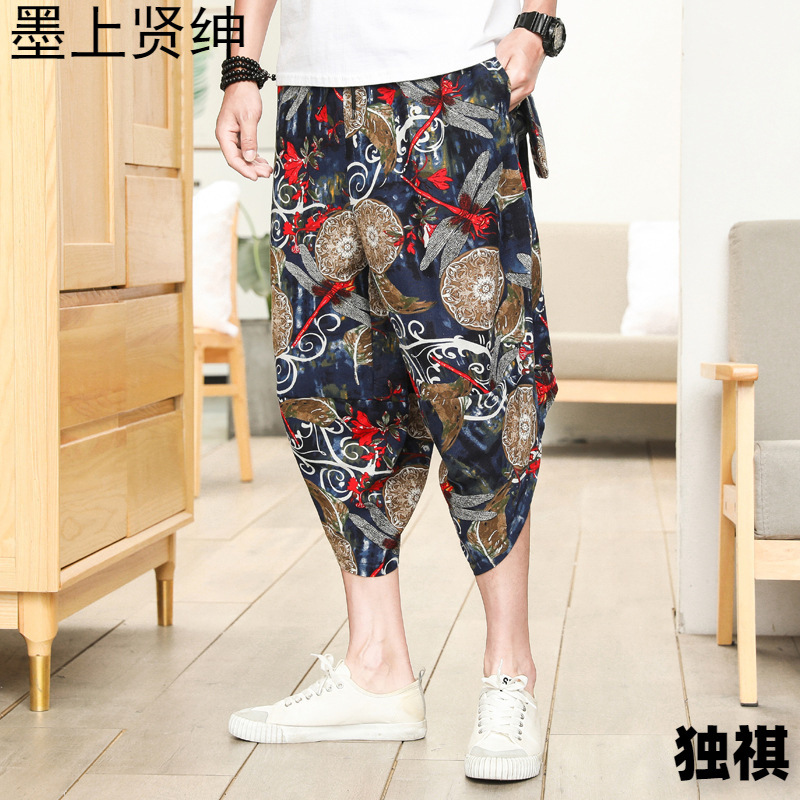 Venta al por mayor de fábrica pantalones de cáñamo de verano pantalones cortos para hombres pies sueltos pantalones de zanahoria pantalones harem de lino de algodón pantalones de flores de estilo étnico