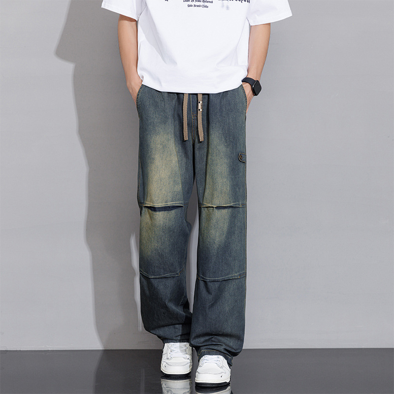 2025 Spring/Summer American Style Pleated Jeans for Men with a Vintage Washed Design, Plus Size Men's Clothing from Xintang, the Denim Capital