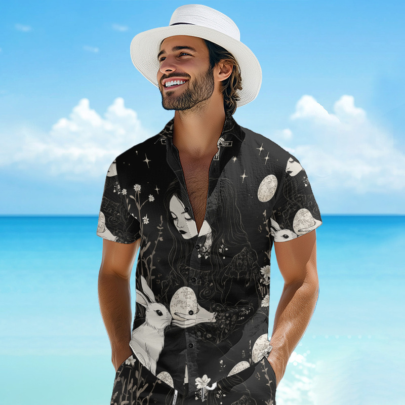2025 Independent Station New Easter Style Men's Short Sleeve Shirt Summer Fashion Beach Hawaiian Short Sleeve Shirt