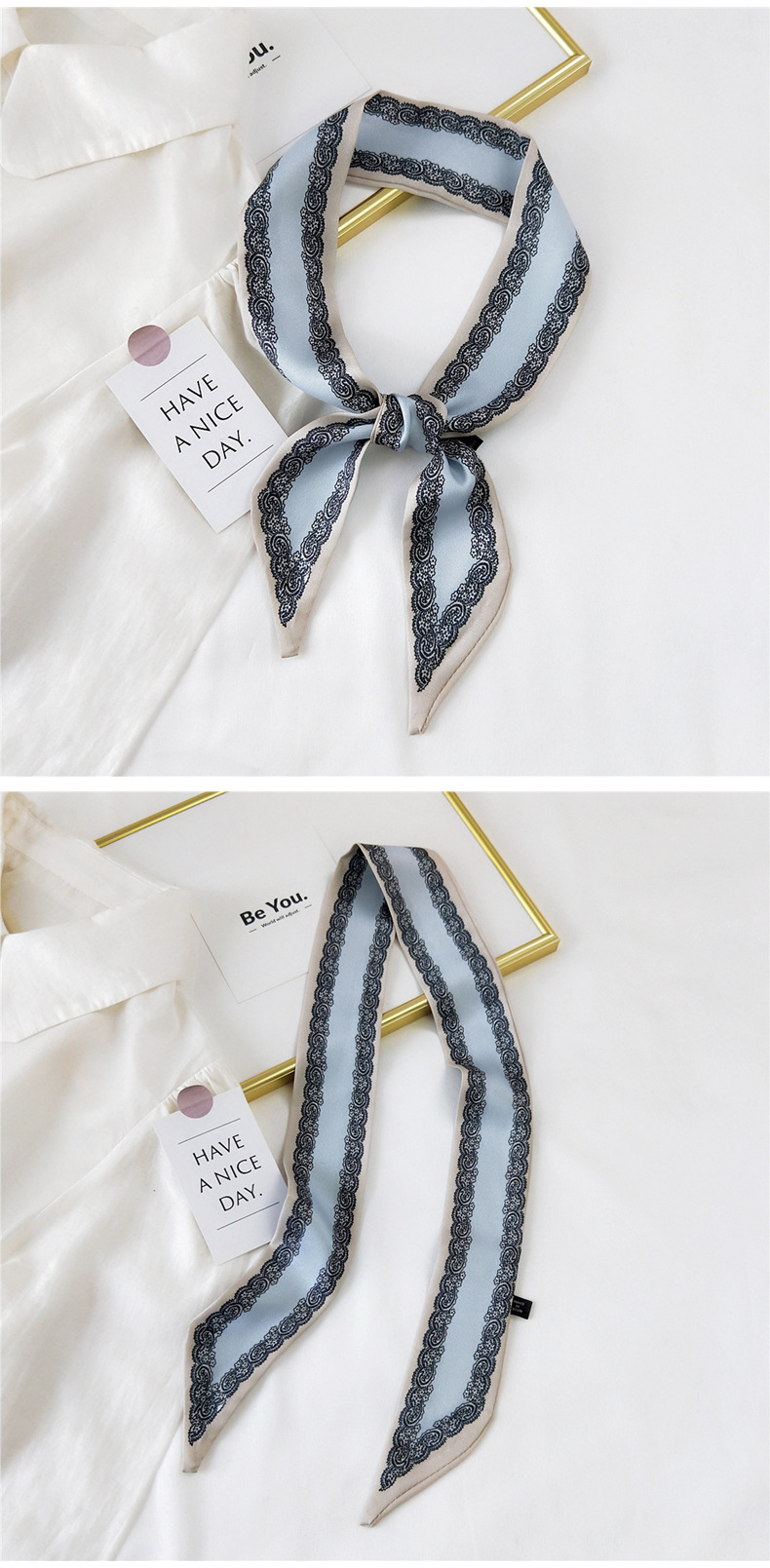 30g Weight Silk Scarf Classification Travel Occasion Unisex Gender Sweet Style Khaki, Grey, Pink, Purple, Red, Green, Blue, Black Color Fashion Streamer Printing Bow Silk Scarf Wholesale 39
