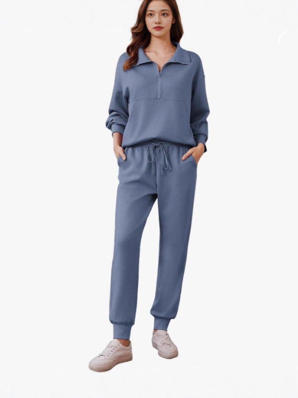 亚马逊女士两件套秋季旅行装长袖运动服慢跑套装半拉链运动服套装|undefined