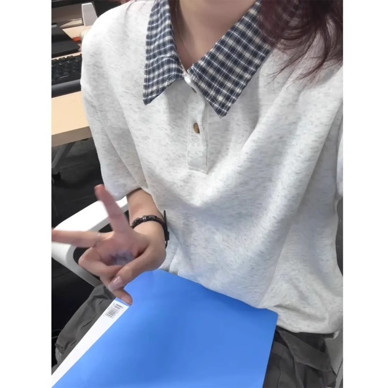 假两件格纹拼接polo衫短袖男款夏季学院风衬衫领t恤美式复古半袖|undefined