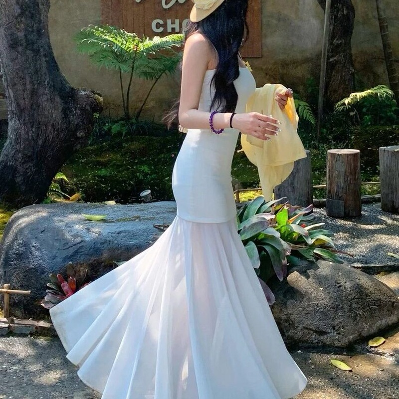 Fairy-Like Fluttering Mesh Patchwork Design Dress for Women, 2026 Spring New Style, Elegant Spaghetti Strap Long Dress, Chic Tie-Dye