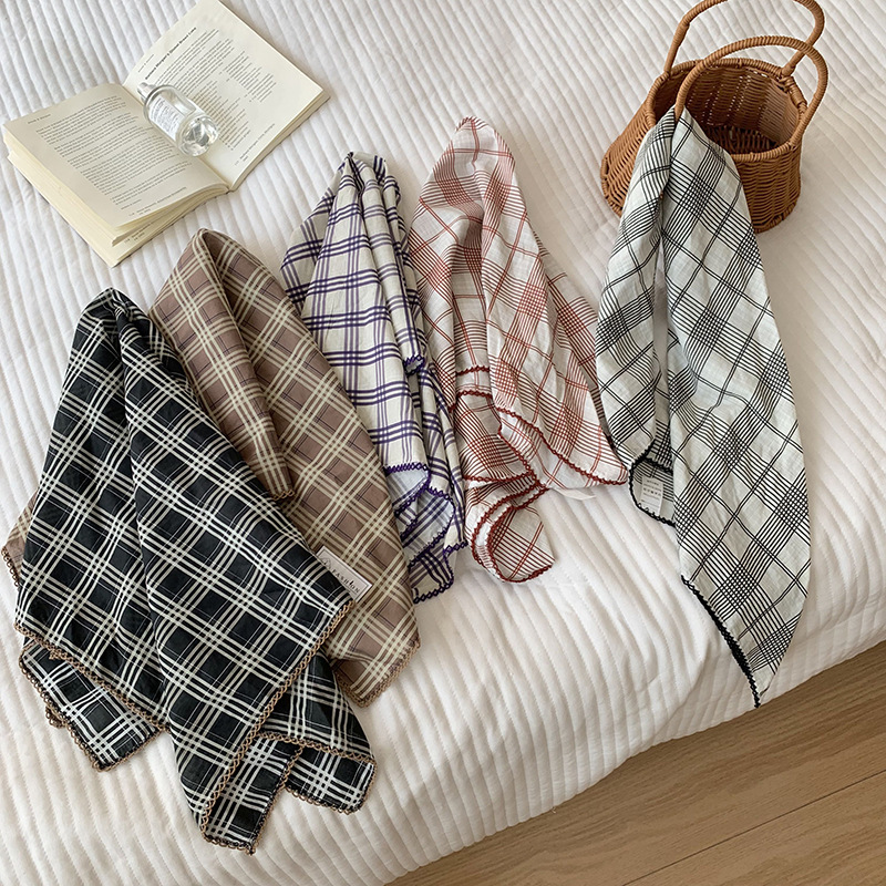 Bolsa a cuadros, pañuelo en la cabeza, niña de verano, estilo pastoral de primavera y verano, bufanda de seda francesa, bufanda cuadrada pequeña, bufanda pequeña, bolsa de toalla de seda, cinturón