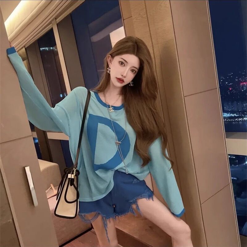 Light Blue Layered Women's Thin Long-Sleeved Sun Protection T-Shirt Women's Mesh Elegant Blouse Design Loose Lazy Top Light Blue Layered Women's Thin Long-Sleeved Sun Protection T-Shirt Women's Mesh Elegant Blouse Design Loose Lazy Top
