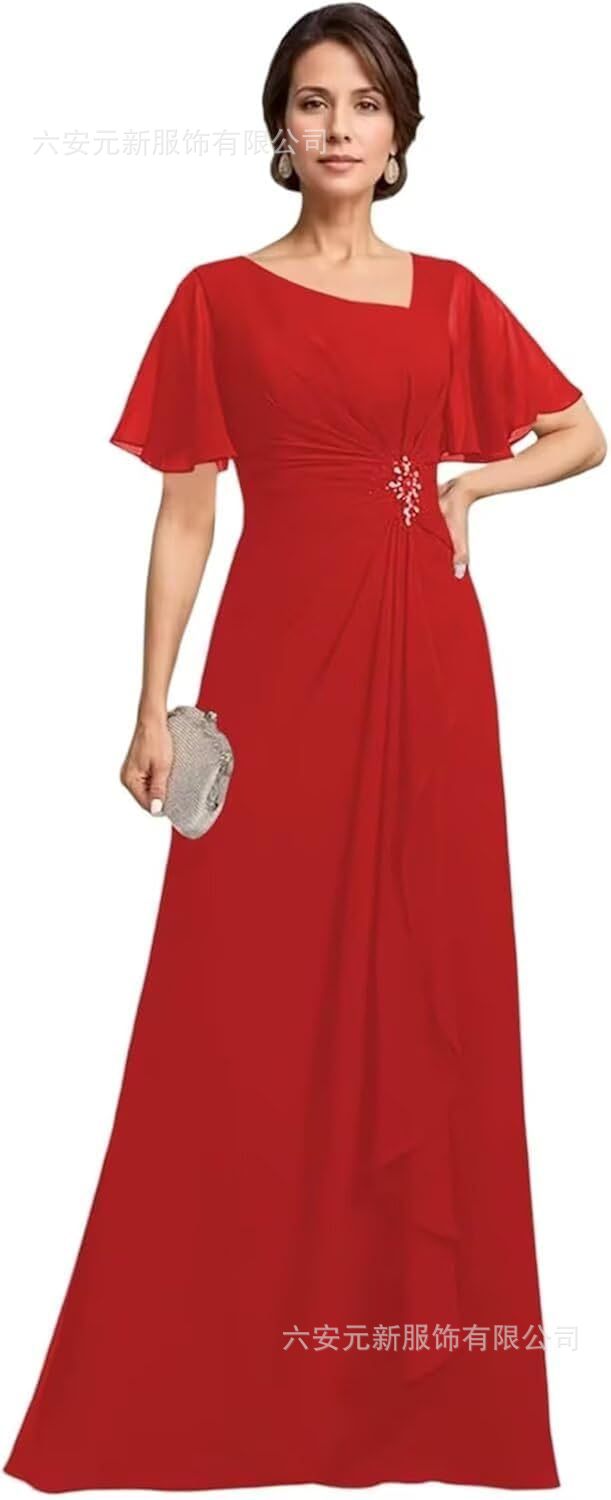 Vestido de novia de gasa de Amazon vestido de madre mariposa de manga corta plisada larga aplicación vestido de invitado de boda