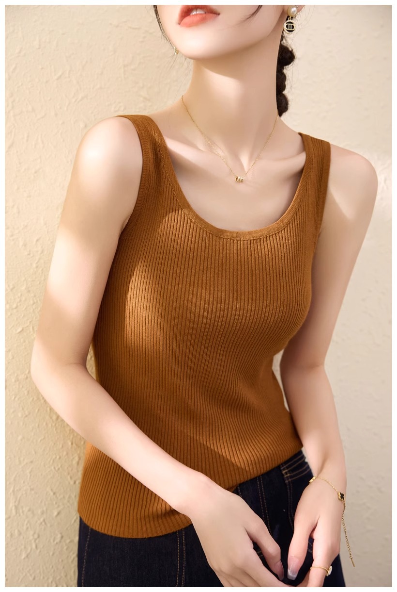 Áo hai dây dệt kim cổ tròn mặc trong mỏng mùa hè cho nữ — Màu đen chi tiết 11