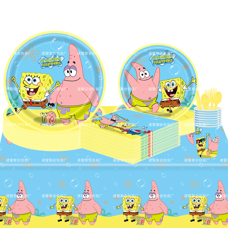 New Spongebob Party Tableware Set Paper Plates Paper Cups Spongebob Tablecloth Disposable Decoration Supplies