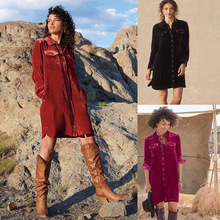 跨境欧美女装短裙2025独立站新款丝绒翻领单排扣长袖A字连衣裙