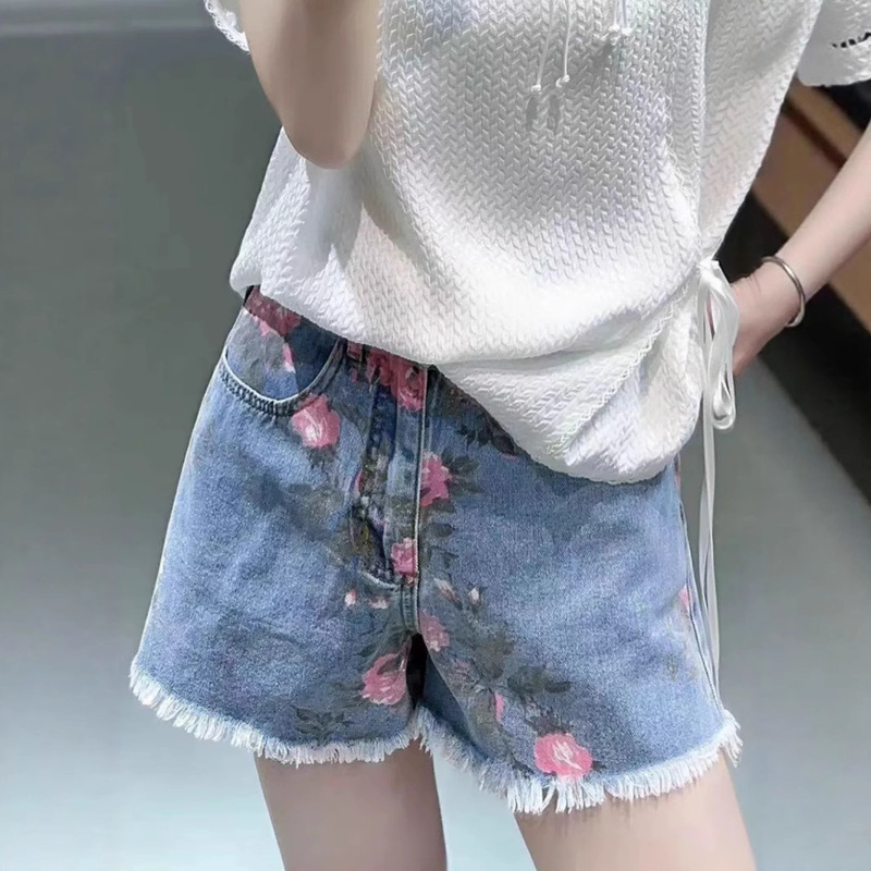 Nanyou Clearance Sale Special Price Printed High-Waisted Slimming Denim Shorts for Women, Summer 2025 Wide-Fit Shorts