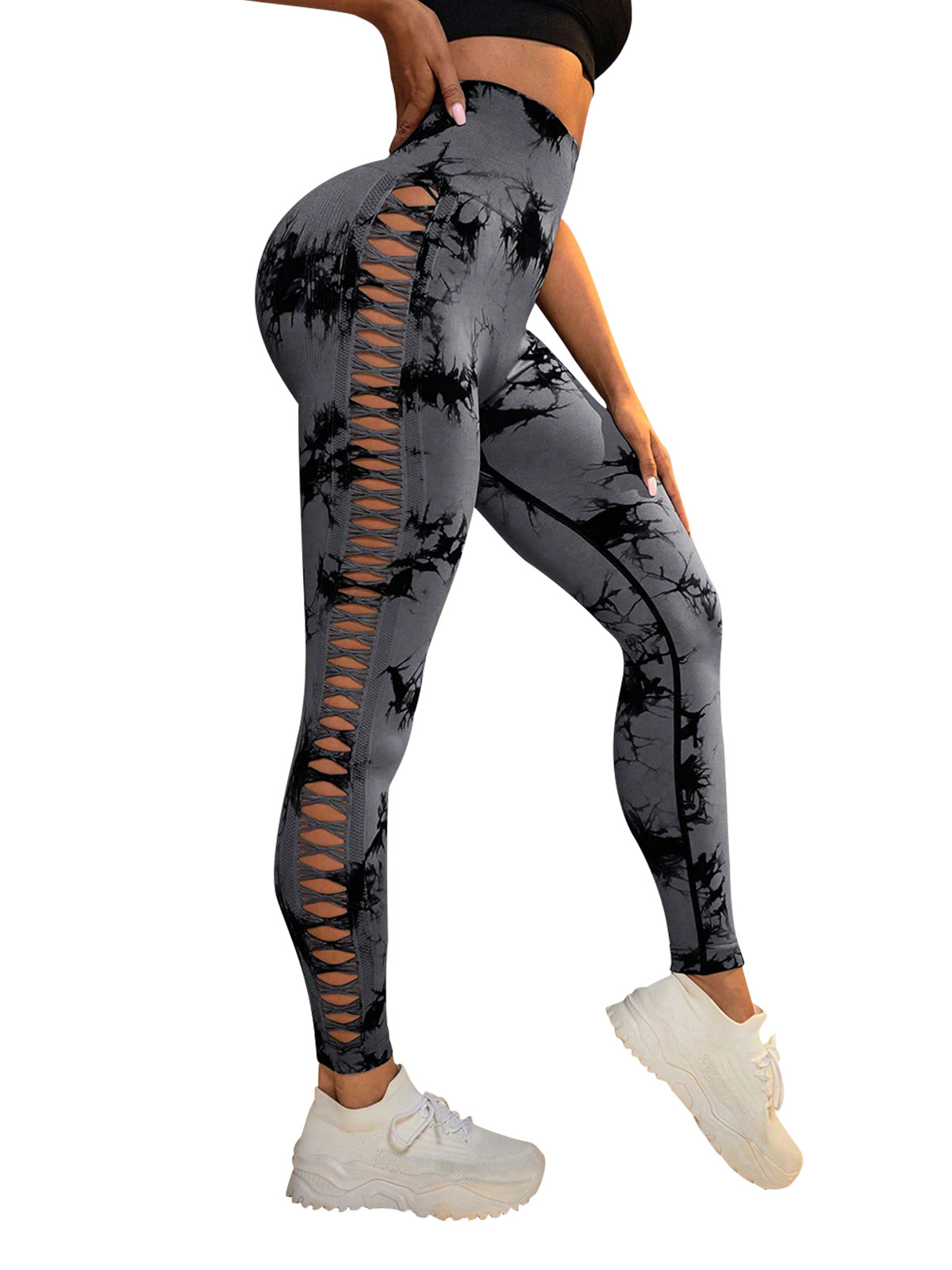En stock pantalones de yoga tie-dye europeos y americanos huecos sin costuras medias deportivas cintura alta cadera de elevación de malla pantalones de fitness al por mayor