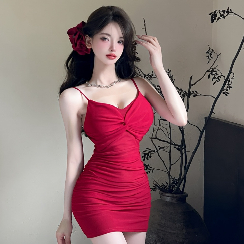 섹시한 딥 브이넥 핫걸 메쉬 서스펜더 드레스 새로운 순수한 욕망 기질 타이트한 디스코 스커트 나이트 클럽 힙 스커트