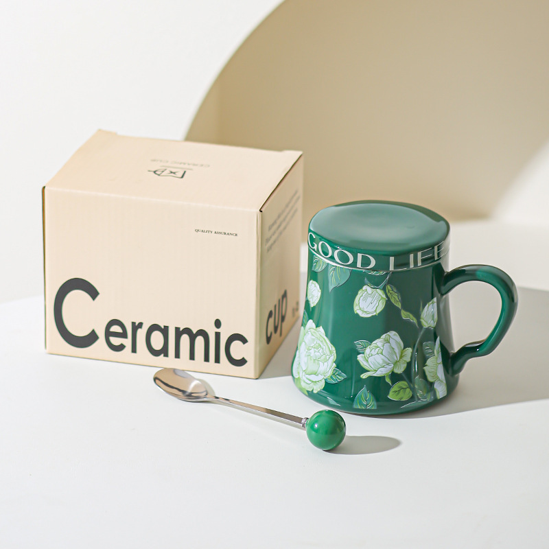 Taza de agua de cerámica de orquídea de campana, taza de café de gran capacidad, taza de desayuno con tapa de diseño, taza de café