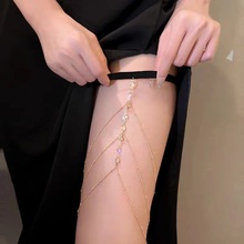 欧美跨境新款三层流苏水晶珍珠金色身体链女 夏季时尚性感沙滩腿