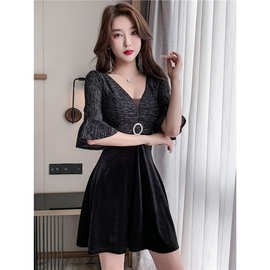 工作服性感低胸夜瘦连衣裙a遮肚显总店v夜场裙金丝绒上班衣服字领