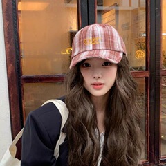 格纹复古透气棒球帽子夏季显脸小英文刺绣遮阳百搭大头围鸭舌帽潮