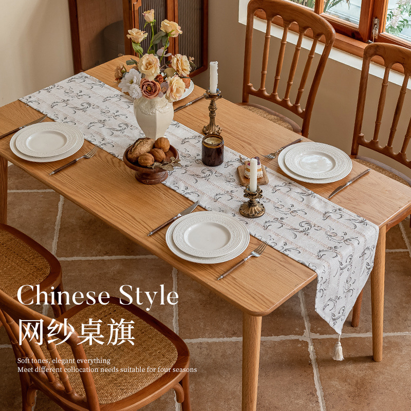 Nueva bandera de mesa bordada al estilo chino, a prueba de polvo y antideslizante, barra larga, mesa de té hueca de poliéster, tela decorativa, suministro directo de fábrica