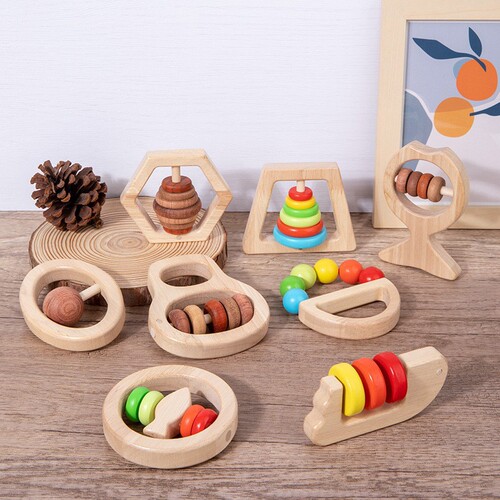 Montessori Baby Rattles Car Model Building Blocks Shape Recognition Teething Stick Soothing Toy Early Learning Educational Toy