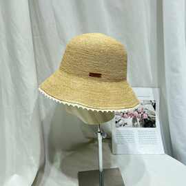 日系优雅蕾丝花边拉菲草草帽子女夏季时尚盆帽度假防晒遮阳沙滩帽