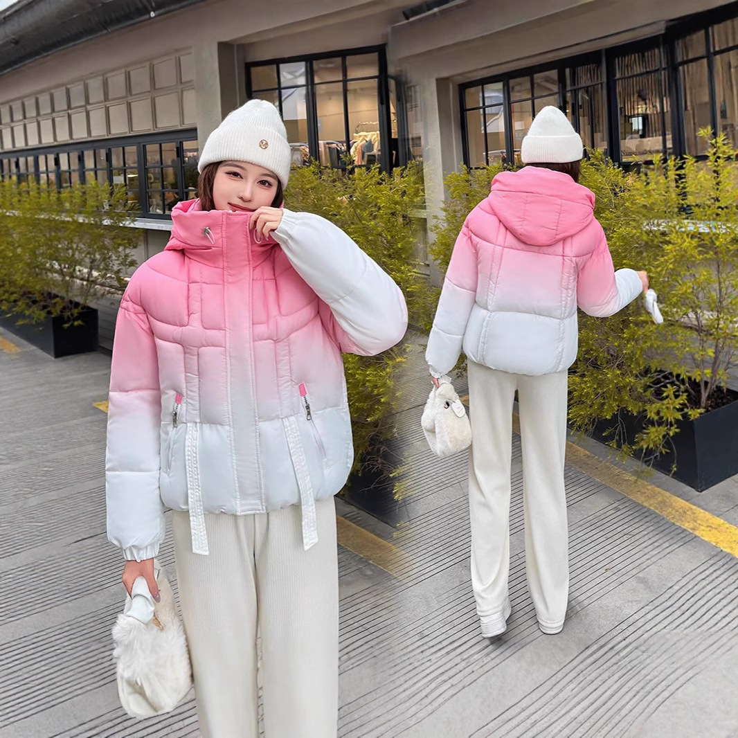 Capa de algodón transfronteriza 2025 nueva ropa de algodón de color gradiente chaqueta de algodón de mujer americana chaqueta de invierno con capuzas chaqueta gruesa