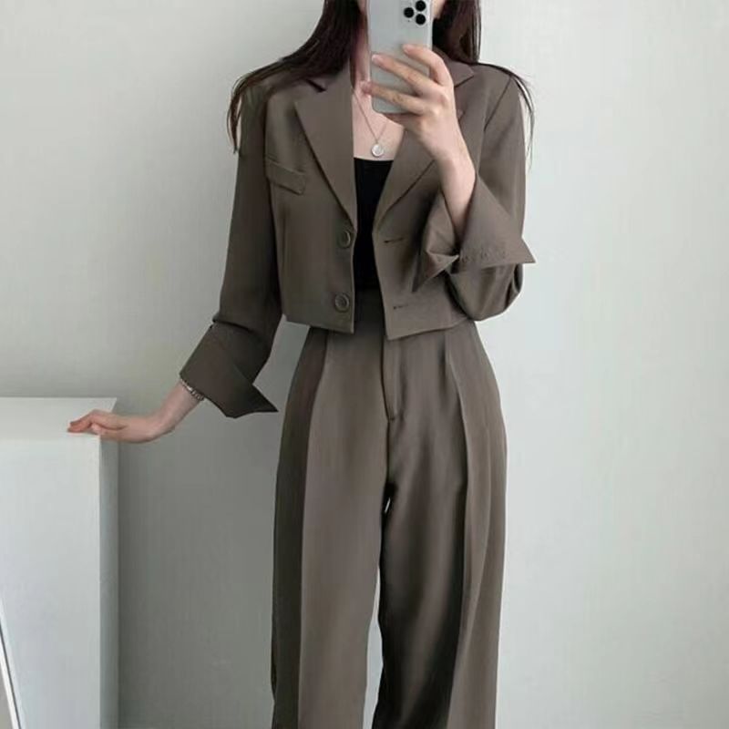 ChicShe Korean Chic Retro Revers Zwei-Knopf Lockerer Blazer Kurze Jacke Hoch taillierte Hose mit weitem Bein Lange Hosen Anzug Damen_voghion.com