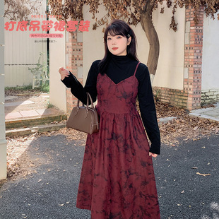 Shuangtian 2024 autumn and winter retro plus size women's wholesale chubby girl black bottoming halter skirt suit L300