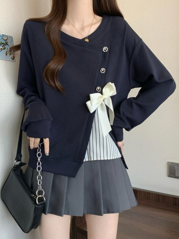 设计感假两件长袖卫衣女2025春秋季蝴蝶结宽松别致超好看上衣|undefined