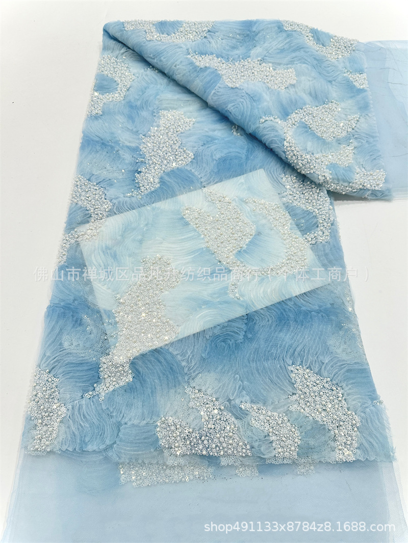 Tela de bordado de tubo de cuentas de onda tridimensional de alta costura vestido de novia de mujer vestido de moda tela en stock