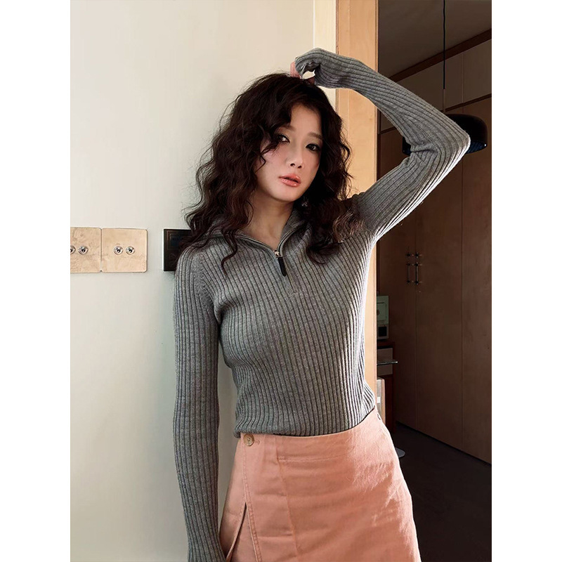 Designer Women's Clothing Navy Collar Retro Style Full Zipper Merino Wool Three-Strand Thickeneded Wool Sweater