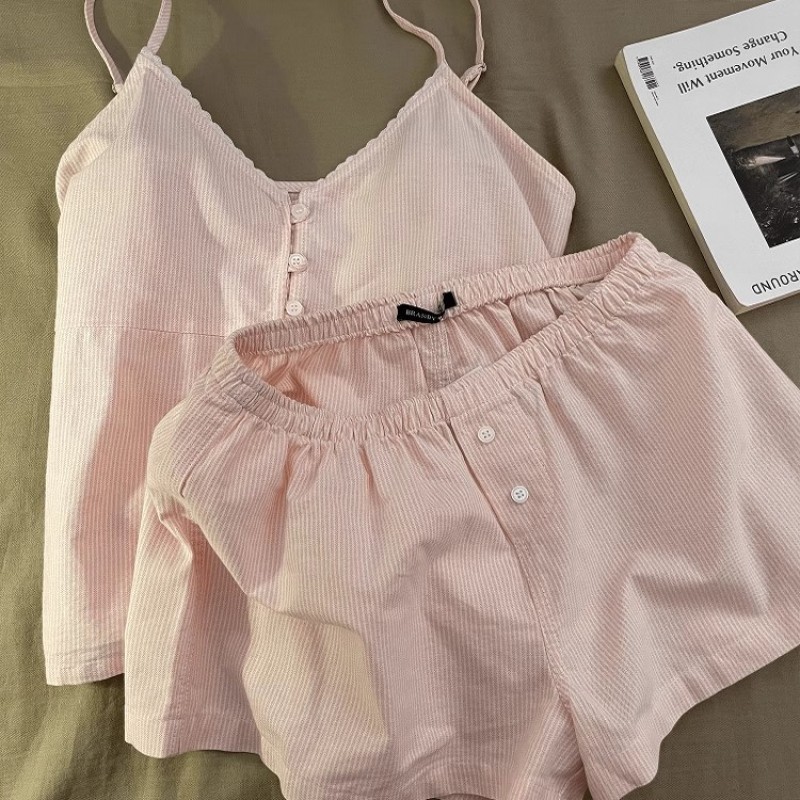 French Sweet Girl's Striped V-Neck Sling Pajamas Women's Summer Slim-Fit Vest Shorts Home Clothes plus size suit