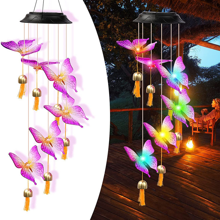 Transfronterizo al aire libre mariposa solar carillón de viento lámpara de hierro hueco Luna patio al aire libre tubo de aluminio decorativo carillón de viento lámpara