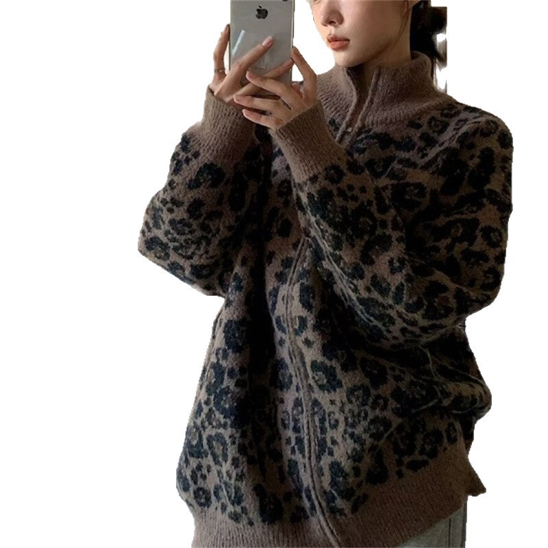 设计感复古软糯豹纹针织开衫小众毛衣外套女秋冬慵懒风宽松上衣服|undefined