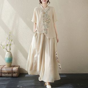 New Chinese Style Middle-Aged Cotton and Linen Embroidered Shirt Suit for Women Summer Mom New Linen Pants and Skirt Two-Piece Set