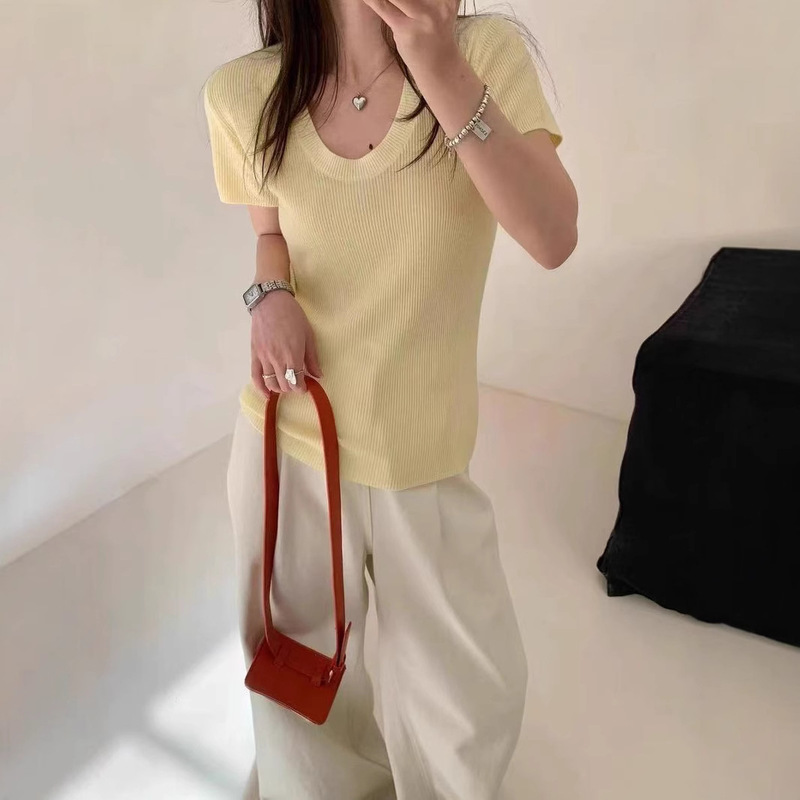 Design sense! Fine Shining Silver U-Neck Short-Sleeved Sweater Women's Summer New Elegant Slimming Top Pit Sweater