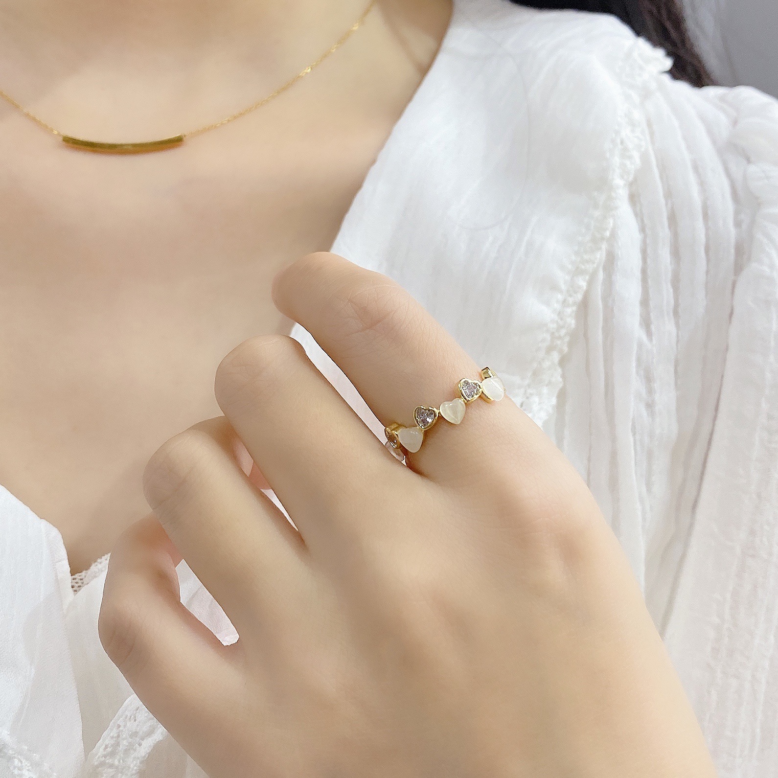 Plating Design Wholesale Jewelry Fashion Heart Shape Copper Cat's Eye Stone Zircon Plating Rings