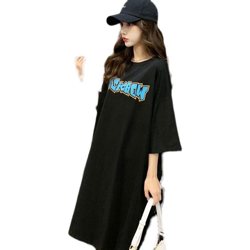 2023 verano letra coreana suelta camiseta de manga corta estudiante vestido de blusa estampado casual talla grande mujer