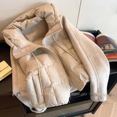 设计感毛呢拼接连帽抽绳棉服女秋冬2025新款气质保暖短款夹棉外套