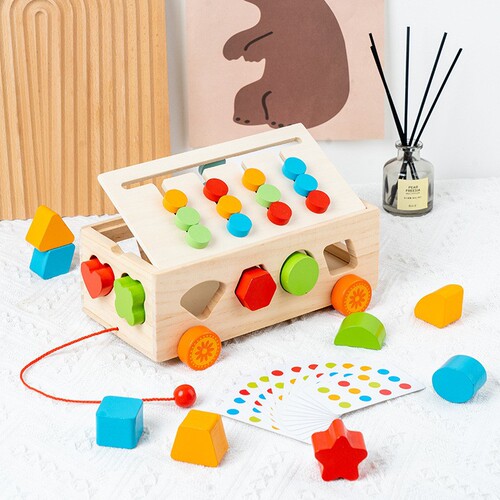 Wooden Educational Toy Multifunctional Intelligence Pull-along Car Box Shape Multi-hole Cognitive Matching Colored Geometric Blocks Car