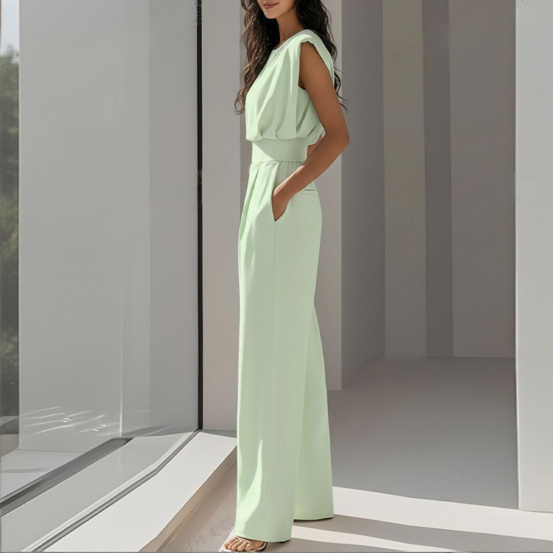 Mono casual de pierna ancha con cuello en V y manga larga de murciélago, color liso, estilo nuevo de primavera para mujer europea y americana, ideal para comercio transfronterizo 2026.