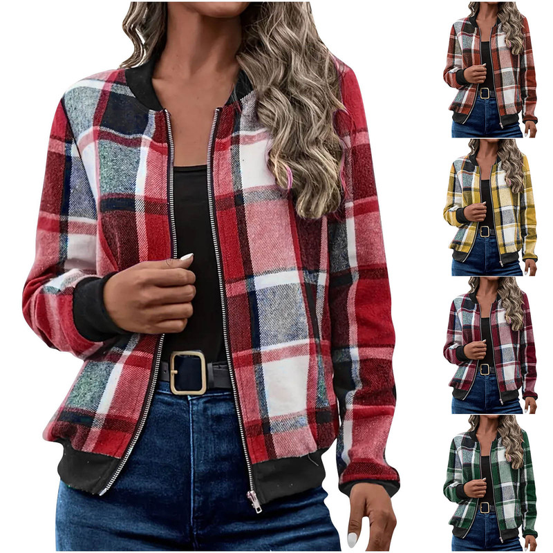 Cross-Border Foreign Trade Autumn and Winter New Jacket European and American Women's Plaid Printed Long-Sleeved Zipper Jacket for Women