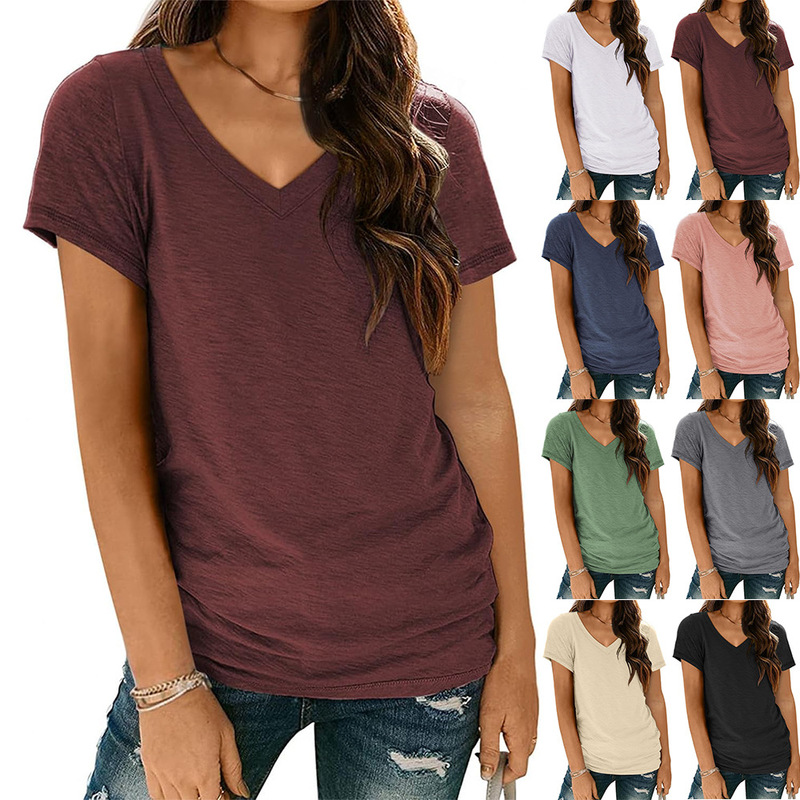 Spring/Summer 2024 eBay Amazon wish popular European and American new short-sleeved V-neck T-shirt top cross-border foreign trade women's clothing Spring/Summer 2024 eBay Amazon wish popular European and American new short-sleeved V-neck T-shirt top cross-border foreign trade women's clothing