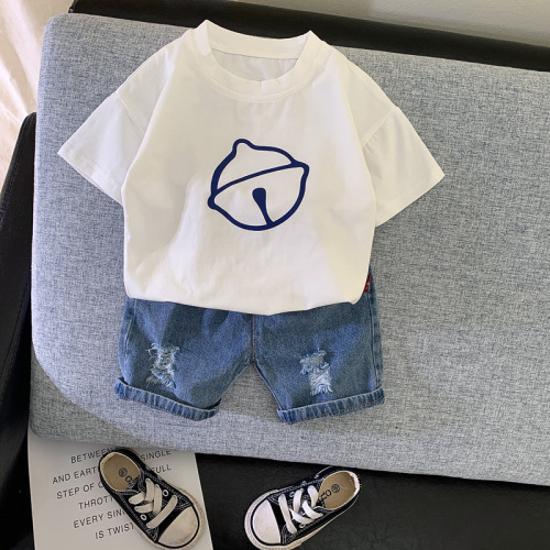 Summer 2024 new Korean style short-sleeved children's suit cartoon boy summer suit two-piece jeans children's clothing