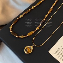 复古天然虎眼石串珠项链2024秋冬新款叠戴高级感毛衣链锁骨链颈链