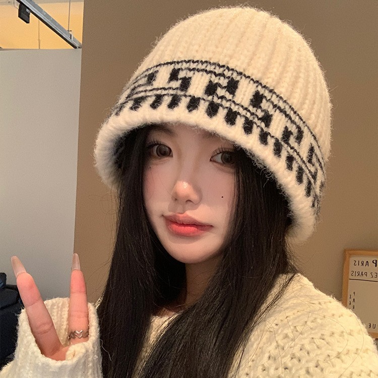 Retro Jacquard de punto sombrero pescador mujer otoño invierno 2026 amplio alrededor de la cabeza muestra la cara pequeña sombrero de lana cálida