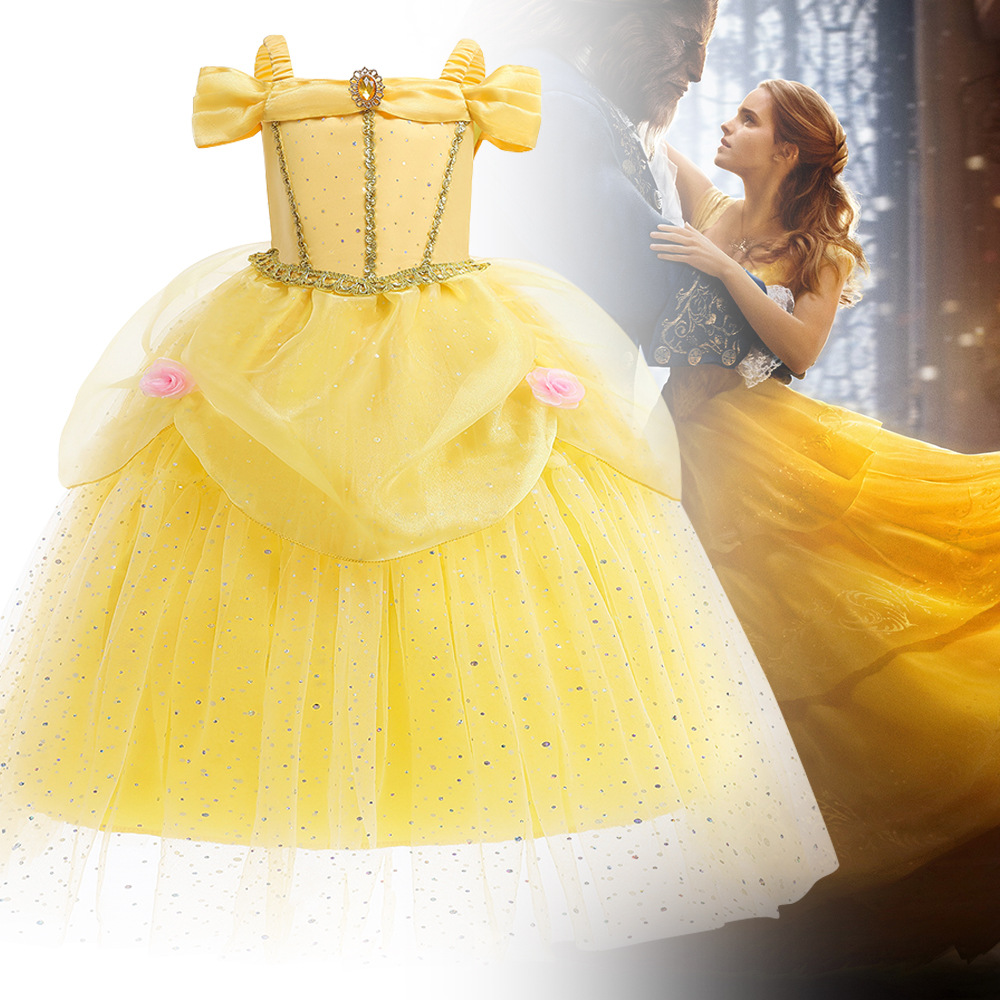 Belle princesa vestido niños niña vestido belleza y bestia campana vestido cos traje de rendimiento