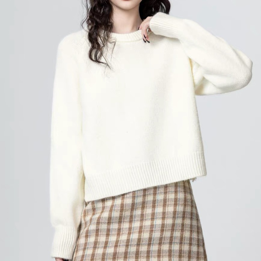 韩系圆领套头毛衣女秋冬新款宽松短款打底针织衫厂家定制打样批发