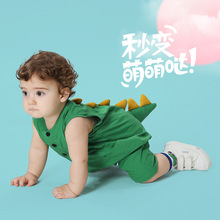 奇乐兔夏季新款0-3岁婴幼儿宝宝哈衣清新绿色恐龙造型无袖哈衣